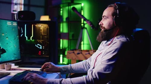 Smiling Gamer Immersed in Gaming Experience Navigating Universe