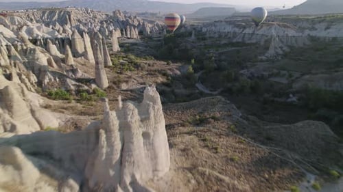 Aerial View of Rock Formations with Hot Air Balloons