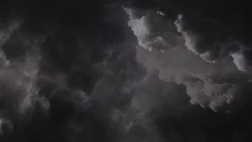 lightning flashes inside dark clouds in the dark sky.