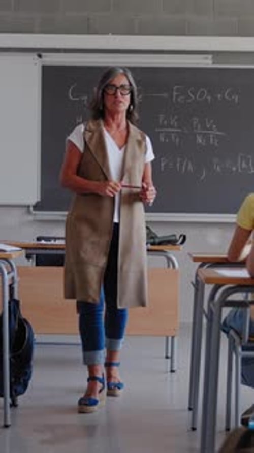 Teacher lecturing at a school classroom with students