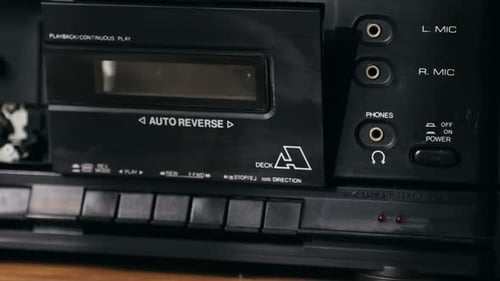 Retro Radio Tape Recorder Audio Cassette Closeup Listening to Music Old Radio Boom Box Player Macro