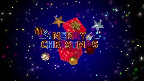 Animated Merry Christmas Greeting with Gift Box, Ornaments, and Glowing Stars