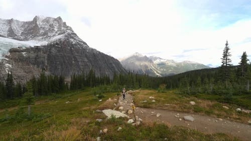 Mujer solitaria caminando nórdica por el sendero del valle en el Parque Nacional Jasper