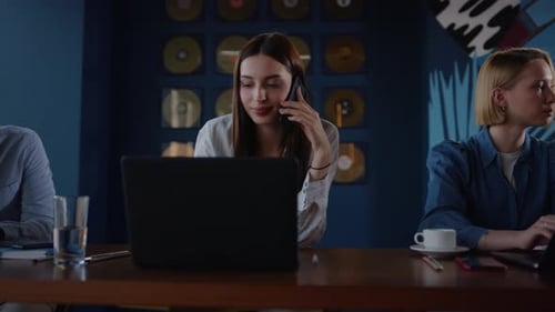 Closeup Of Cheerful Business Team Having Break In Business Center. Multiethnic People Group Havin...