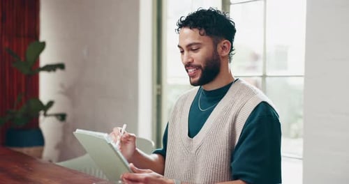 Business, tablet and man in office, stylus or creative agency with publishing company