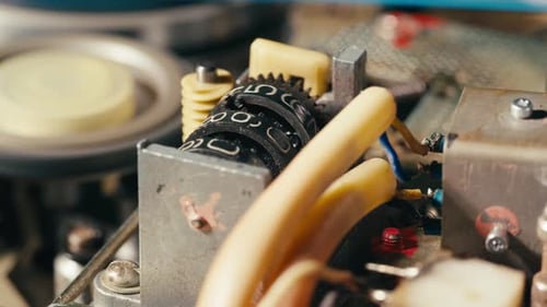 Contador mecánico negro sobre reproductor de música con cinta magnética El medidor mecánico negro tiene desde cero