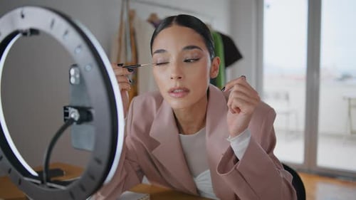 Blogger Girl Applying Eyeliner Looking Phone Home Closeup Woman Recording Blog