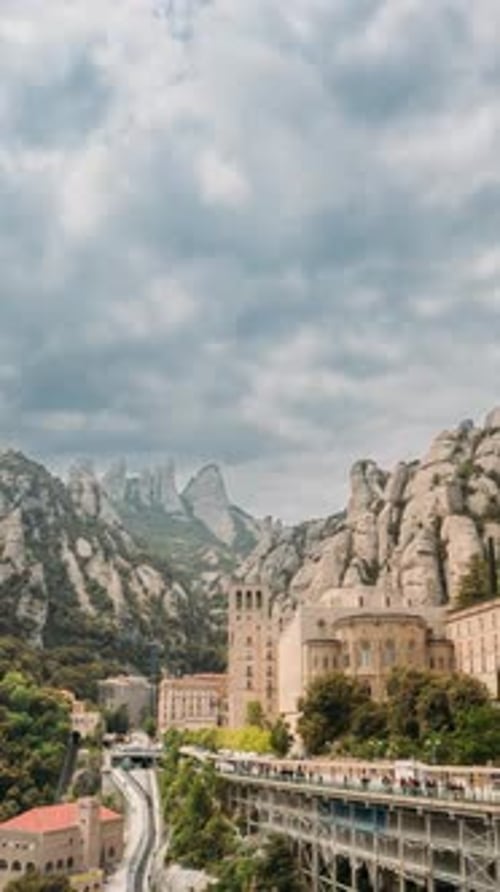 Mountainside Monastery and Cable Cars in Spain