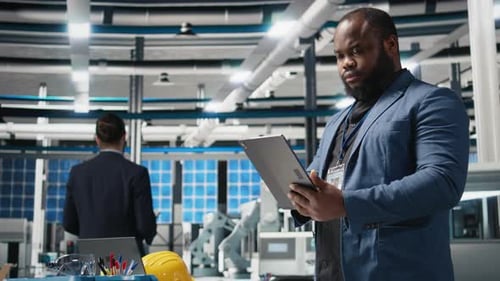 Engineer Using Tablet in Modern Factory