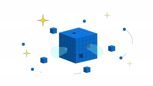 Digital data cube with orbiting blocks and sparkles 2D cartoon object animation