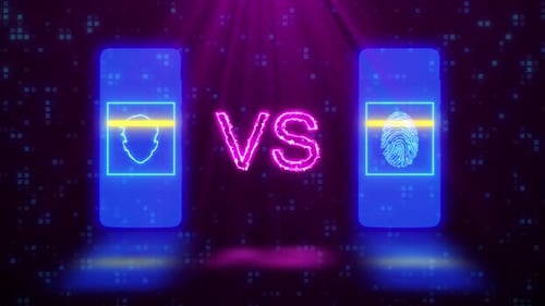 Neon Face ID Versus Fingerprint Scan on Smartphones