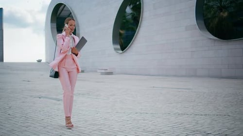 Elegant Manager Talking Mobile Phone Walking Urban District Woman Work Call