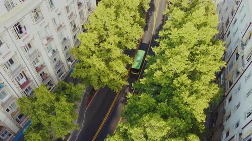 Arrêt de bus : prise de vue aérienne. Circulation dans la ville. Bus passant dans la ligne de bus