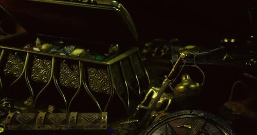 Golden Treasure Chest Opening with Ornate Details Reveal Animation