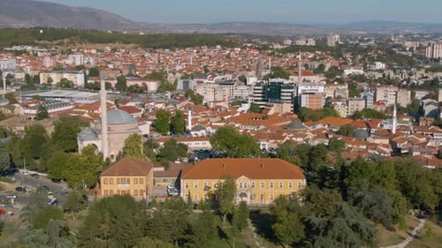 Drone view of Skopje downtown on a sunny day