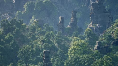 Idyllic Forest Valley Surrounded By Towering Cliffs And Dense Trees