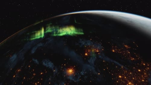 3D-Rendering der Erde bei Nacht mit Aurora Borealis und Stadtlichtern aus dem Weltraum