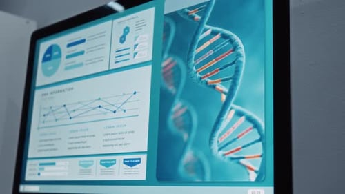 DNA Helix on Computer Screen Displaying Data