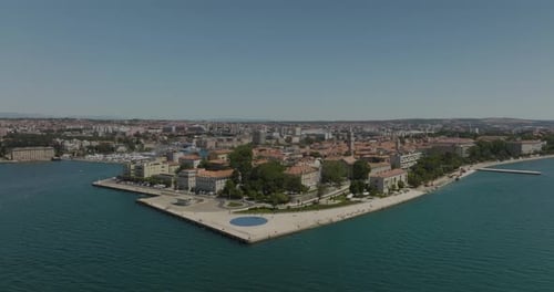 Aerial view of beautiful blue coastline and historic town Zadar, Croatia.