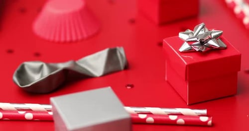 Rotation of Festival Birthday Party Background with Red and Silver Gift Box