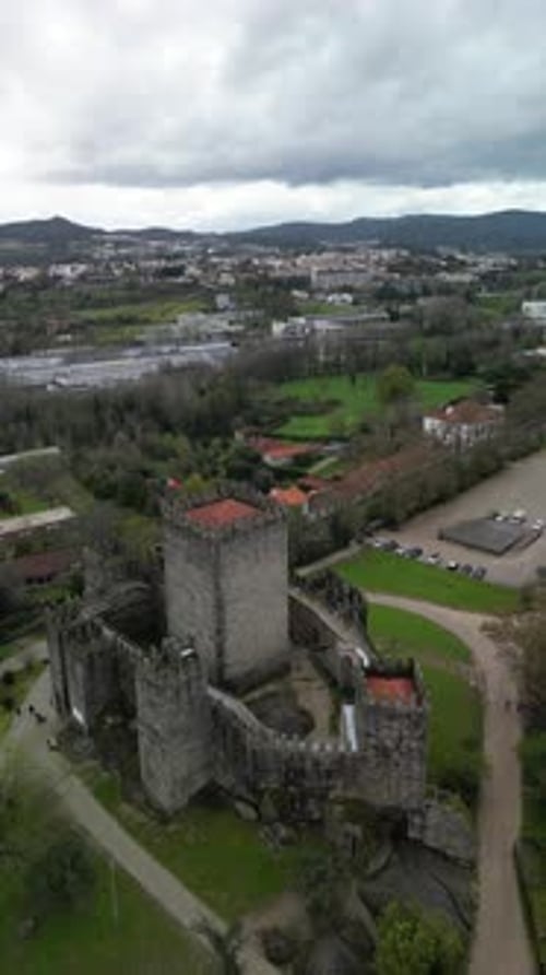 Aerial view of Santuario da Penha and medieval castle, Guimaraes, Portugal.