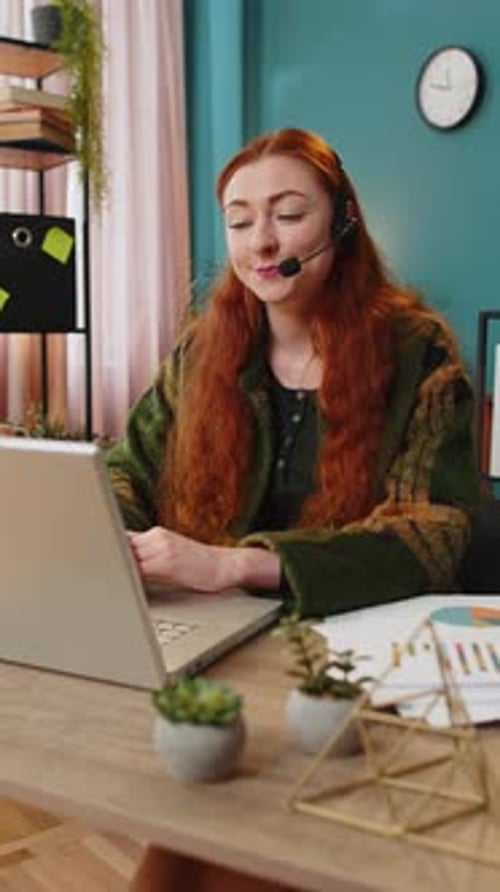 Business Woman Wearing Headset Freelance Worker Call Center or Support Service Operator Helpline