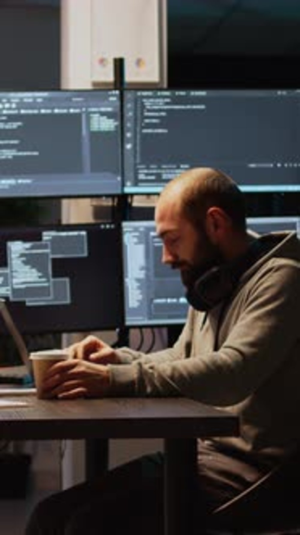 Man Typing Code and Drinking Coffee Late at Night, Technology Stock ...