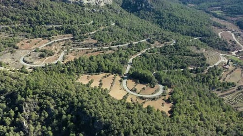 Aerial view of a winding country road in Catalonia