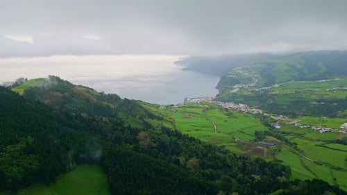 Aerial Green Hills Cloudy Summer Day Drone Seaside Slopes Nature Thunder Clouds