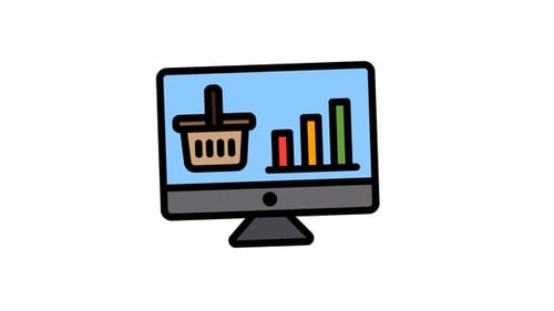 Flat Design Animation of Computer Monitor with E-commerce and Data Icons