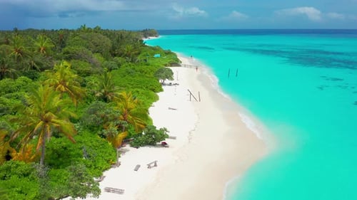 Aerial View on White Sand Paradise Beach with Turquoise Waters and Palms on Maldives Island Thoddoo