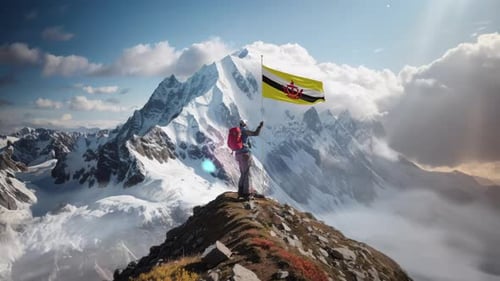 Alpiniste tenant le drapeau du Brunei au sommet de la montagne