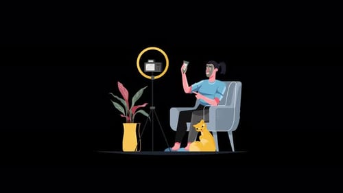 Young woman creating content with a dog in a cozy setting