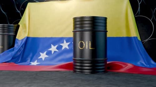 The camera zooms in on an oil barrel bearing the Venezuelan flag. This video illustrates Venezuelan