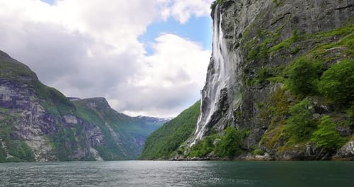 Geiranger fjord, waterfall Seven Sisters. Beautiful Nature Norway natural landscape.