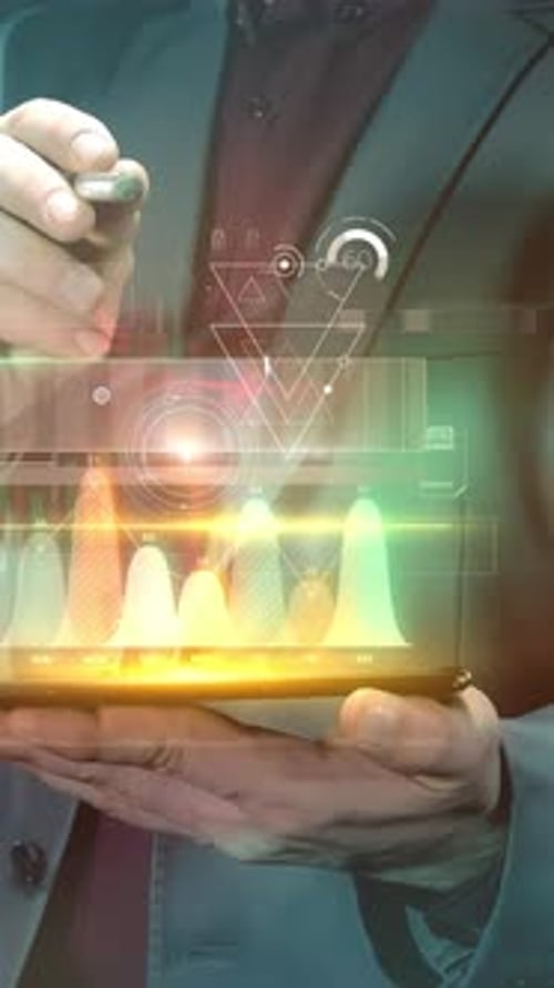 Businessman Works with Infographics in the Virtual Panel of the Phone
