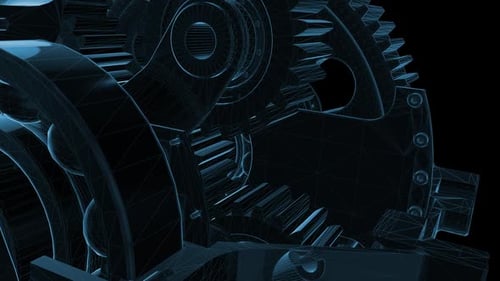 Futuristic Digital Wireframe 3D Gears Mechanism Animation