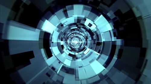 Flying in blue tunnel with smoothly morphing digital glitch elements and bright light effect