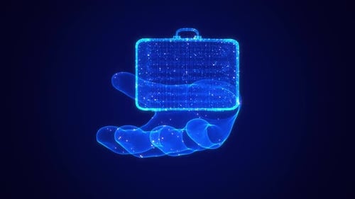 Holographic Hand Holding Digital Business and Tech Icons