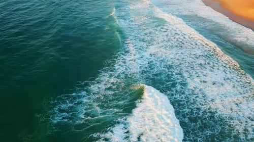 Foaming Blue Ocean Water Washing Beautiful Sand Seashore Summer Day in Slow