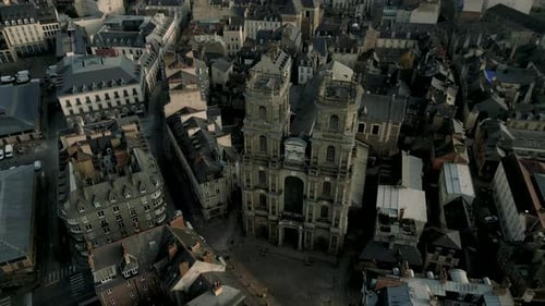 Saint Pierre cathedral catholic church, Rennes in France, Aerial top-down orbiting