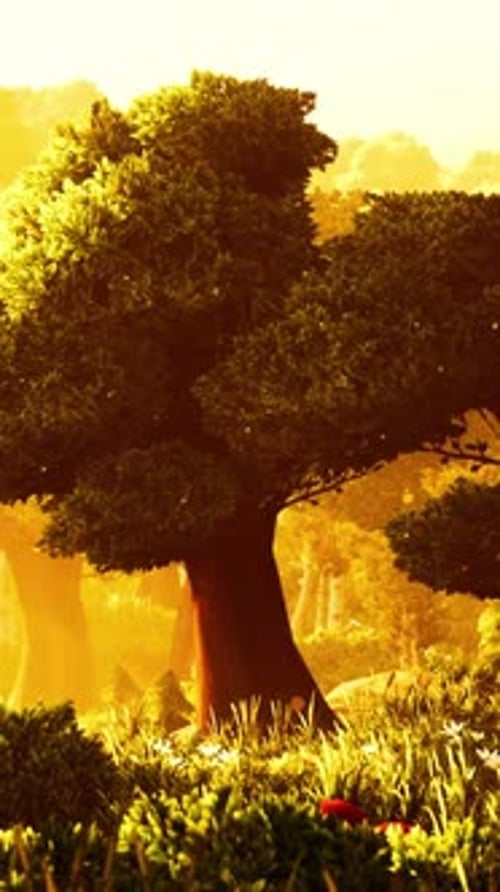 Cartoon Flowering Green Forest on Sunset