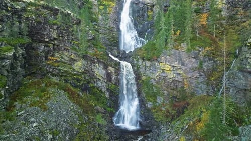 Aerial View of Fettjeafallet Waterfalls In The Rocky Mountain In Jamtland, Sweden.