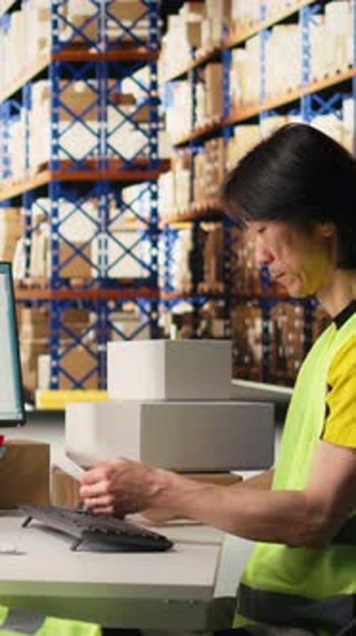 Vertical Video Man in Hi Vis Vest Reviews Shipment Details on Awb Tags for Dispatch