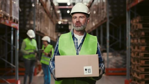 Warehouse Worker Carries Box through Aisles