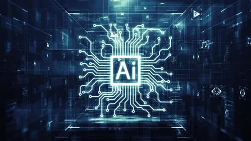 Futuristic AI Chip Reveal Animation in a Digital Network Grid