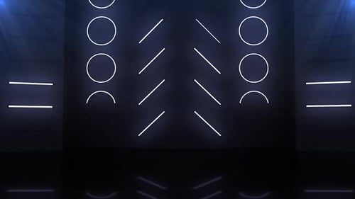 Dynamische Neon-Bühnenlichter pulsieren mit energetischen abstrakten Mustern