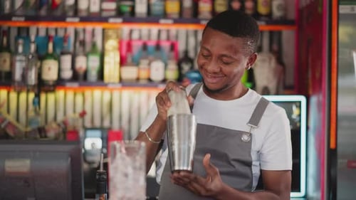 Smiling Bartender Shakes Cocktail in Bar