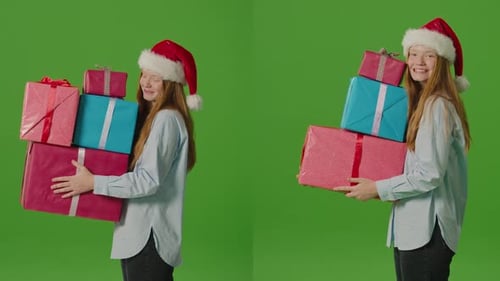 Cheerful Woman with Gifts on Chroma Key Background