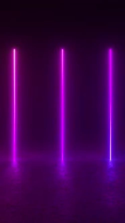 A row of neon lights glow in a dark room